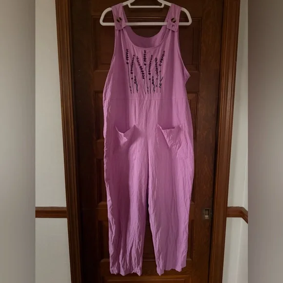 Wide Leg Cotton Jumpsuit with Lavender Embroidery 🪻 - Picture 2 of 8